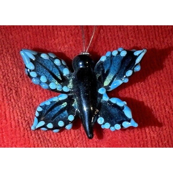 Handblown Fused Glass Black & Blue Butterfly Necklace - Picture 4 of 9